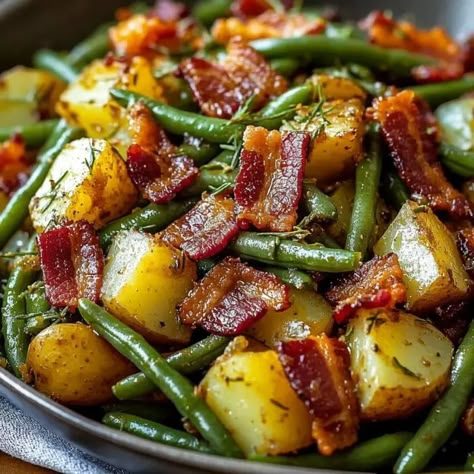 Country Ranch Green Beans n Potatoes with Bacon - recipes Ranch Green Beans, Belgian Recipes, Smothered Green Beans, Southern Green Beans, Potatoes With Bacon, Beans And Potatoes, Southern Greens, Vegetables Dishes, Potatoe Salad