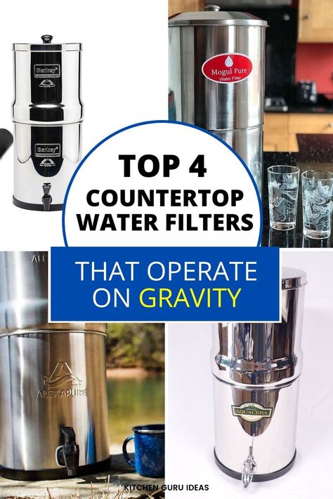 Looking for a water filter? Then see these 4 best gravity water filters. They're convenient, affordable, and portable - great for on the road. #bestgravitywaterfilter #bestwaterfilter #berkeywaterfilter #survivalwaterfilter #gravityfedwaterfilter #bestcountertopwaterfilter #bestwaterfilterforhiking #bestdrinkingwaterfilter #bestwaterfiltersystem Gravity Water System, Diy Filtered Water, How To Filter Rain Water For Drinking, Faucet And Water Filter, Whole Home Water Filtration System, Countertop Water Filter, Berkey Water Filter, Filtered Water Faucet, Drinking Water Filter