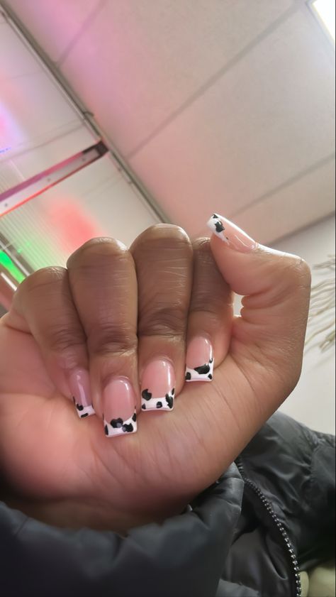 Cow French Tip Nails Pink, Paw Print French Tips, Cow Square Nails, Cute Nails For Birthday French Tip, Short Cow Nails Acrylic, Fun Frenchies Nails, Squat Nail Designs, Cow French Tip Nails Short, French Tip Nails Cow Print