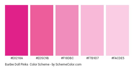 Barbie Doll Pinks - Color scheme palette thumbnail - #e0218a #ed5c9b #f18dbc #f7b9d7 #facde5 Pink Color Code, Barbie Pink Color, Pink Paint Colors, Hexadecimal Color, Pantone Colour Palettes, Pink Names, Hex Color Palette, Pink Color Schemes, Barbie Theme