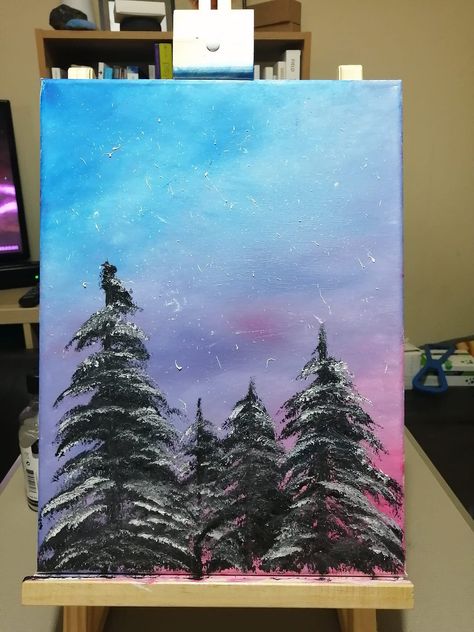 This is my very first painting I done in a Bob Ross style landscape. Bob Ross Easy Painting, Bob Ross Paintings Easy, Bob Ross Paintings Tutorials Easy, Bob Ross Paintings, Canvas Drawing, A Bob, Simple Canvas Paintings, Easy Canvas Art, Canvas Painting Designs