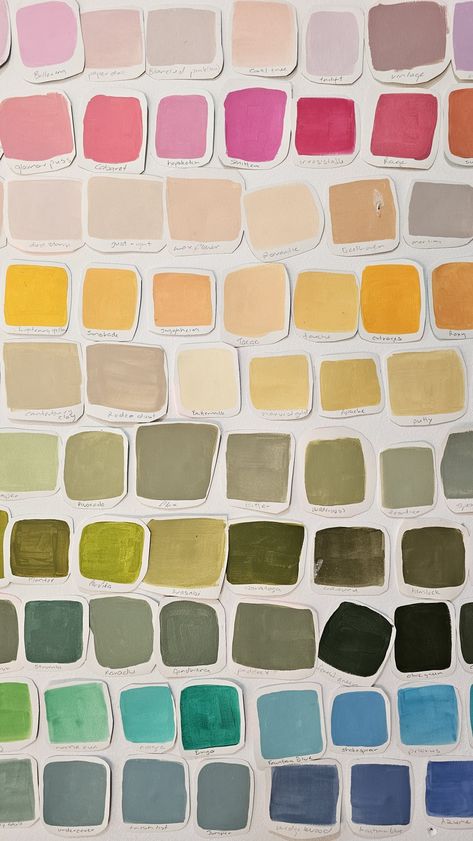 Colour pallette on studio wall. Reference colours Paint Swatch Painting, Pastel Paint Swatches, Color Swatches Aesthetic, Bright Colour Palette Inspiration, Watercolor Swatch Ideas, Paint Swatch Crafts, Paint Guache, Paint Palette Drawing, Baby Color Palette