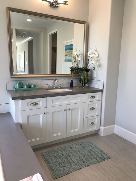 Bathroom Remodel Ideas.  Pic taken from model home walk-thru.  White cabinet, Gray Quartz Countertop, Light Tile Flooring Bathroom Countertop Cabinet, Quartz Bathroom Countertops, Bathroom Grey, Bathroom Redecorating, Quartz Bathroom, Bathroom Addition, Budget Bathroom Remodel, Grey Countertops, Hall Bathroom