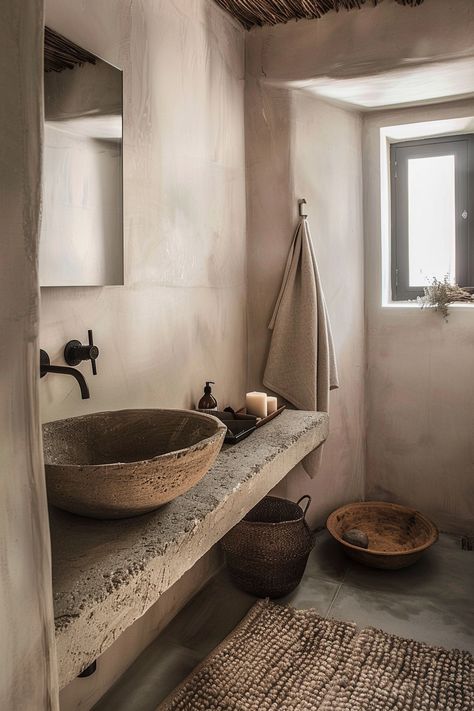 Half Bathroom Ideas Modern, Wabi Sabi Bathroom, Minimalist Small Bathrooms, Modern Boho Bathroom, Earthy Bathroom, Boho Style Bathroom, Rustic Bath, Wabi Sabi Interior, Rustic Bathroom Designs