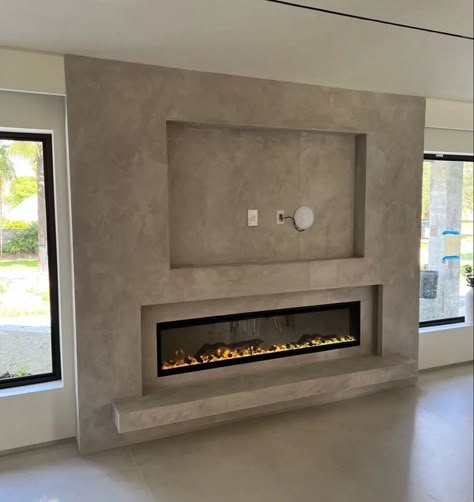 Concrete Fireplace Wall With Tv, Concrete Media Wall, Fireplace Venetian Plaster, Venetian Plaster Tv Wall, Venitian Plaster Fireplace, Concrete Plaster Wall, Venetian Plaster Media Wall, Tv Wall Concrete, Venetian Plaster Walls Living Room