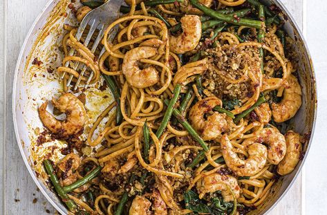 Smoked Harissa & Prawn Linguine Recipe | Waitrose & Partners Prawn Linguine Recipe, Prawn Linguine, Prawn Pasta, Linguine Recipes, Lemon Green Beans, Linguine Pasta, Linguine, Food Dishes, Green Beans