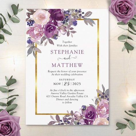 $2.82 | Dusty Purple Mauve Botanical Gold Border Wedding | Wedding Invitations | dusty purple, dusty mauve, dusty rose, blush pink rose, elegant botanical wedding, gold border, modern watercolor floral, spring summer fall winter weddings, purple berries, watercolor leaf foliage with roses Pink Wedding Stationery, Grey Wedding Decor, Berries Watercolor, Purple Berries, Fall Purple, Purple Invitations, Watercolor Leaf, Tan Wedding, Mauve Wedding