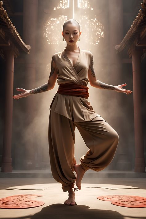 Meditate Pose Reference, Monk Outfit Female, Monk Clothing Dnd, Kung Fu Women, Monk Poses Reference, Yoga Pose Reference, Dnd Monk Outfit, Twilek Jedi, Monk Poses