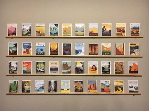 Jo Pang on Instagram: “Latest installment #usnationalparks #nps #andersondesigngroup #austintx #postcards #postcardcollection #findyourpark #adventure #explore…” Post Card Display Wall Art Ideas, Postcard Bedroom Decor, Display Postcards On Wall, Postcard Exhibition Display, Displaying Postcards On Wall, National Park Postcards Display, National Park Display Ideas, Vintage Postcard Display Ideas Wall Art, Travel Poster Wall Display