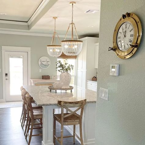 Sherwin Williams Sea Salt Dining Room, Sea Salt Interior Paint, Benjamin Moore Sea Salt Living Rooms, Sherwin Williams Sea Salt Kitchen Walls, Beach Townhouse Interiors, Sea Salt Living Room Decor, Sea Salt Family Room, Sea Salt Dining Room Walls, Sherwin Williams Sea Salt Living Room