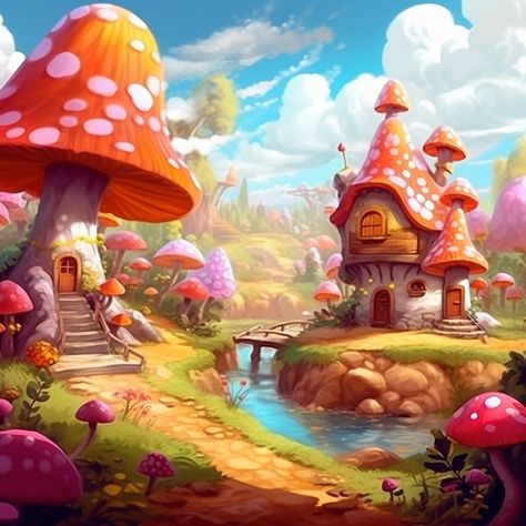 Mushroom Land Drawing, Mushroom Fantasy Forest, Mushroom Concept Art, Mushroom Treehouse, Fairy Garden Painting, Mushroom House Illustration, Mushroom Fantasy Art, Fantasy World Concept Art, Fantasy Mushroom House