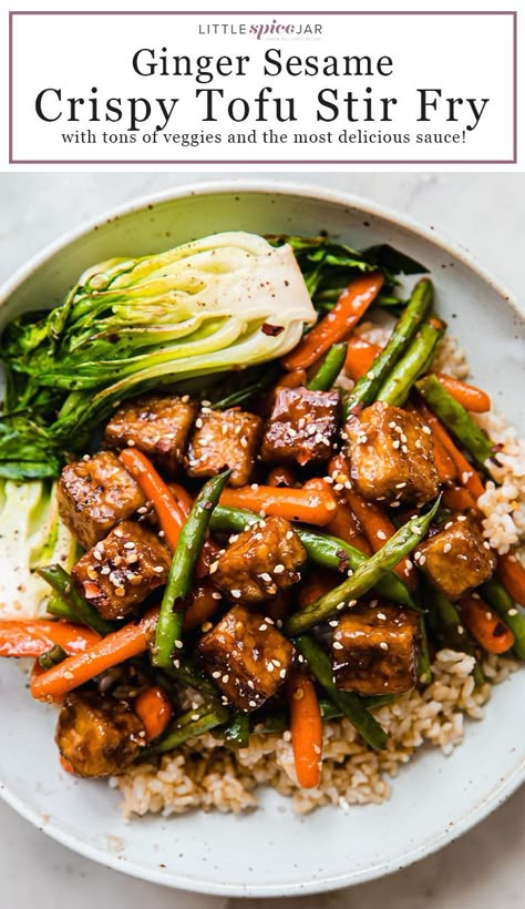 Sesame Ginger Tofu and Veggie Stir Fry – The BEST tofu stir fry recipe out there! Loaded with a toasted sesame flavor, crispy golden tofu, and al-dente veggies! #tofustirfry #stirfry #tofuveggiestirfry #veggiestirfry #stirfryrecipes #vegan #vegetarian | Littlespicejar.com Ginger Tofu, Veggie Stir Fry Recipes, Glazed Tofu, Resep Vegan, Mayo Salad, Tofu Stir Fry, Sesame Ginger, Tofu Dishes, Fry Sauce