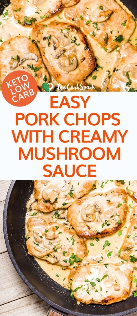 Keto Pork Chops with Super Creamy Mushroom Sauce Mushrooms Sauce, Keto Pork Chops, Keto Pork, Mushroom Pork Chops, Low Carb Pork, Easy Pork Chops, Pork Chop Dinner, Super Easy Dinner, Creamy Mushroom Sauce