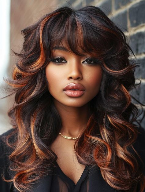 Curly Quick Weave With Bangs, Bangs Hairstyles Black Women, Weave Hairstyles With Bangs, Black Hairstyle Ideas, African Hair Style, Hair With Bangs And Layers, Wavy Weave Hairstyles, Face Shape Hairstyles, Bangs Hairstyles