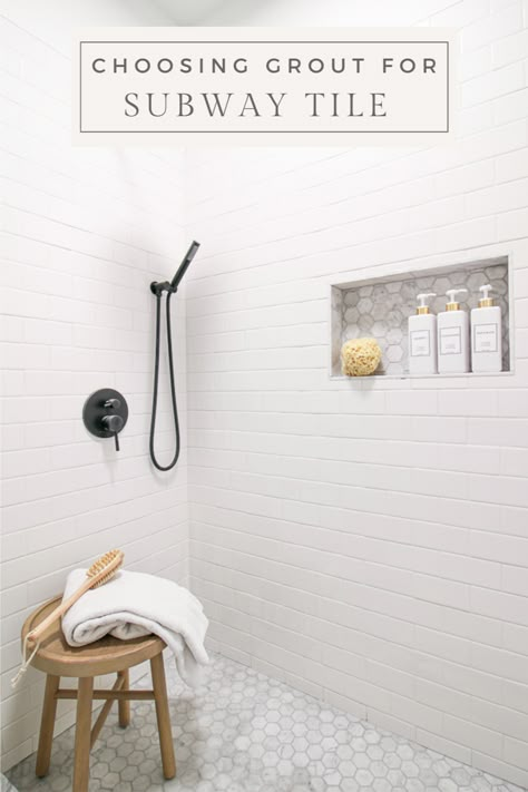 shower with white subway tile walls and marble mosaic floor tiles Stacked White Shower Tile, Bathroom Design White Subway Tile, Artisan White Tile Bathroom, White Subway Tile In Shower Stall, 3x16 Subway Tile Bathroom, Subway Tiled Shower Ideas, Bathroom Shower Subway Tile, Arizona Tile Bathroom, Easy Clean Shower Tile