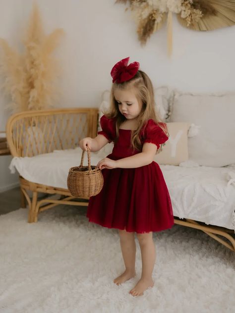 Tulle Puff Sleeves, Red Flower Girl Dresses, Crimson Dress, Xmas Outfit, Toddler Christmas Dress, Tulle Bow, Bow Sash, Girls Christmas Outfits, Tulle Bows