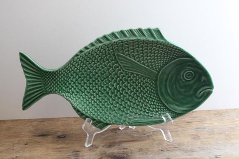 Pottery Fish Platter, Koi Ceramic, Portugal Pottery, Fish Serving Platter, Ceramic Fish Plate, Vintage Portugal, Pottery Fish, Fish Platter, Green Plates