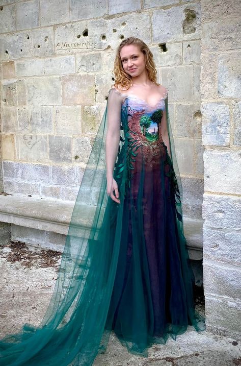 Designer Spends 190+ Hours Embellishing Dress With Landscape Fairy Tale Landscape, Embroidery And Painting, Creative Dresses, Dresses Drawing, Delicate Dress, Beading Embroidery, Fairytale Fashion, Fairytale Dress, A Fairy Tale