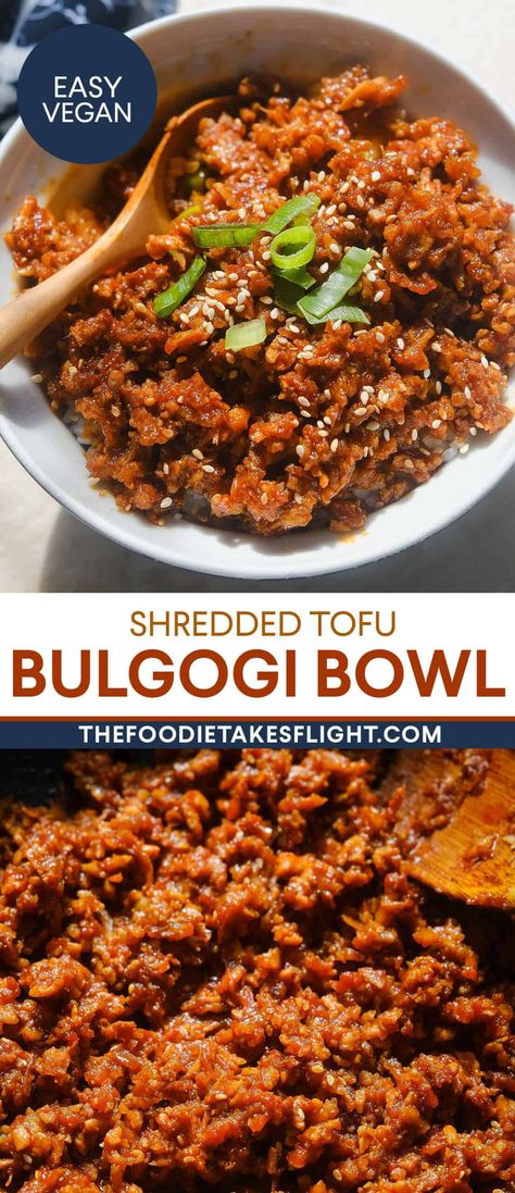 Shredded Tofu Bulgogi Rice Bowl Shredded Tofu Bulgogi, Bulgogi Tofu Recipe, Korean Tofu Bowl, Tofu Bulgogi Recipe, Shredded Tofu Bowl, Crockpot Tofu Recipes, Grated Tofu Recipes, Crockpot Tofu, Bulgogi Tofu