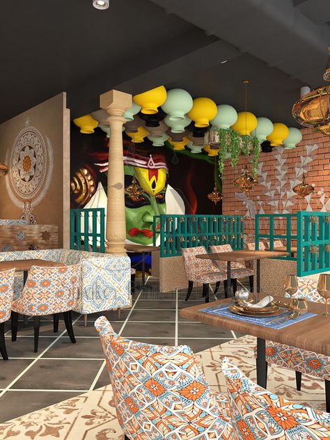 Indian Cafe Design, Traditional Cafe Interior Design, Punjabi Dhaba Design Ideas, Shop Front Design Indian, Indian Theme Restaurant, Indian Restaurant Interior Design Creative, South Indian Restaurant Interior Design, Restaurant Interior Design Creative, Traditional Cafe