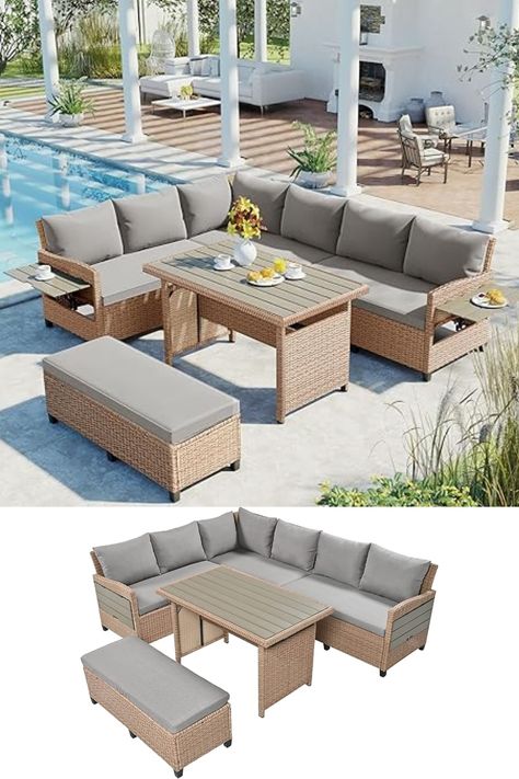 5-Piece Outdoor Patio Rattan Sofa, Sectional PE Wicker L-Shaped Garden Furniture Set with 2 Extendable Side, Dining Table and Washable Covers for Backyard, Poolside, Indoor # affiliate linked Side Dining Table, Bungalow Furniture, Sofa Sudut, Sofa Sectional, Rattan Sofa, Garden Furniture Sets, Patio Sofa, Garden Patio Furniture, Patio Furniture Sets