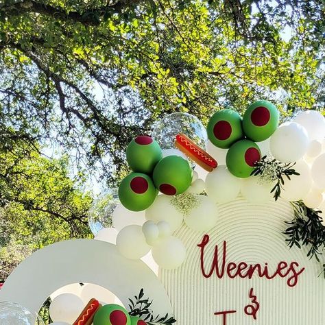 Modern Bounce Houses | Austin, Texas on Instagram: "What a fun and creative combination!
Martinis and hotdogs make the perfect pair at this event designed by the talented Whim and Proper! Cheers to a fabulous celebration!🍸🌭🎈

Design and balloons: @whimandproper_ 
Panels and laser cut lettering: @modishmatters" Martini Balloon Arch, Martini And Weenie Party, Martini Balloon, Celebration Design, Bounce Houses, Birthday Dinner Party, 28th Birthday, Dirty 30, Sensory Bin