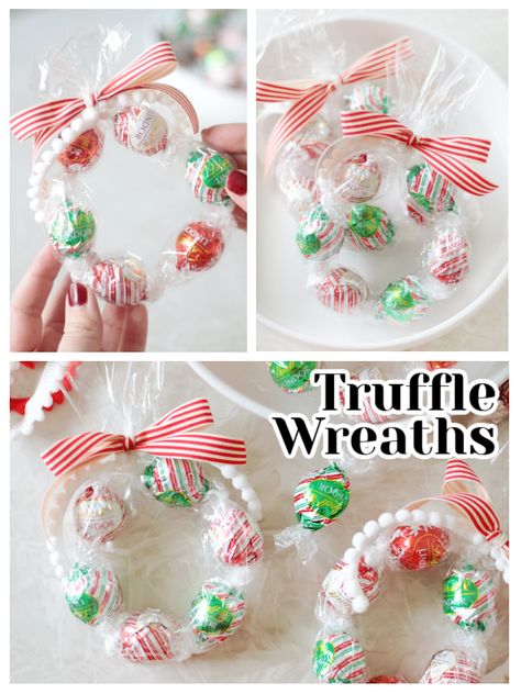 candy truffle wreaths Truffle Gift Packaging, Pop Tart House, Lindt Chocolate Gift Ideas, Candy Wreath Diy, Diy Truffles, Lindt Chocolate Truffles, Chocolate Christmas Gifts, Lindt Truffles, Easy Christmas Candy