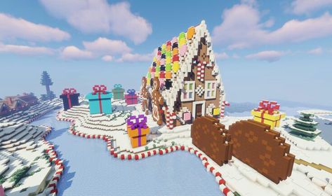 Ginger Bread House Minecraft, Mincraft Idea Christmas, Candy House Minecraft, Minecraft Snowglobe, Minecraft Ice Skating Rink, Minecraft Winter Wonderland, Gingerbread House Minecraft, Christmas Builds Minecraft, Minecraft Gingerbread House