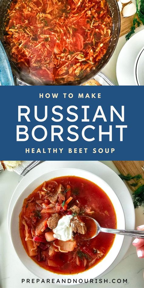 Borsch is a Russian beet soup filled with root veggies, beans, meat, and simmered in nourishing broth, and finished off with crispy green cabbage and fresh herbs. Learn how to make borscht in 40 minutes with my tips and tricks. Warm, nourishing, and full of comfort for those chilly days. Borsh | Borscht Soup Recipe | Borscht Recipe | Russian Beet Soup | Beetroot Soup | Russian Soup Borsh Soup Recipes, Russian Diet, Nourishing Broth, Borscht Soup Recipe, Russian Borscht Soup, Growling Bear, Russian Borscht, Beet Soup Recipes, Borscht Recipe