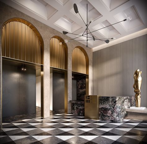 Sweeny&Co Architects | 123 Portland Lift Lobby Design, Elevator Lobby, Lobby Interior, Black And White Tiles, Lobby Design, New Condo, Hotel Interior, Coffered Ceiling, Hotel Lobby