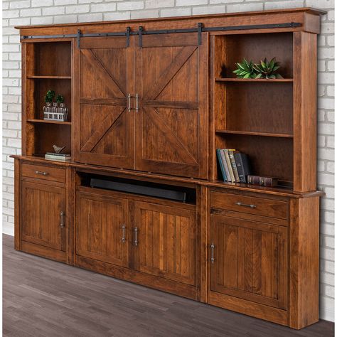 Timbra 6 Piece Wall Unit Barn Door Cabinets, Shelf Above Tv, Wall Unit Tv, Wall Tv Stand, Barn Door Entertainment Center, Wall Entertainment Center, Media Wall Unit, Entertainment Center Ideas, House Remodeling Ideas