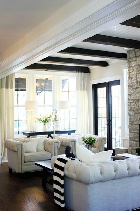 dark wood beams + beaboard ceiling | stone fireplace | linen sofa & chairs Houses Architecture, Jillian Harris, Transitional Living Rooms, Chic Living, Kitchen Area, A Living Room, Living Room Inspiration, Home Fashion, Home Decor Inspiration