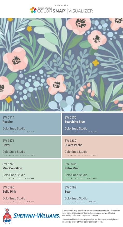 Sherwin Williams Watery Color Palette, Peach Blue Green Color Palette, Grandmillennial Color Palette, Sherwin Williams Mint Condition, Sherwin Williams Girls Bedroom Colors, Cozy Room Color Palette, Kitchen Color Inspiration, Mural Color Palette, Light Teal Color Palette