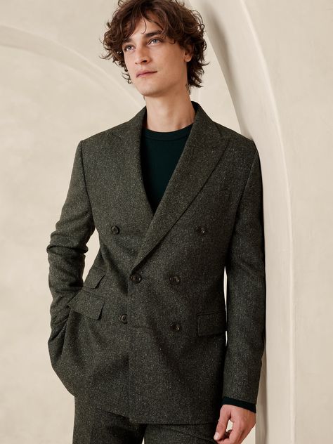 We selected this beautiful tweed fabric from Italy's Marzotto mill for its beautiful, Donegal-style tweed texture.  It's woven from a luxurious and warm mix of wool with a touch of silk.  Tailored Slim fit.  Fabric from Italy's Marzotto mill.  Peak lapel with double-breasted front.  Exterior and interior pockets.  Double vented back.  Fully lined.  Tailored slim fit: More relaxed than our slim fit.  Long sleeves.  Hip length.  Model: Size 42, 6'2" (188cm). 1930s Men, Blazer Design, Tweed Texture, Brown Suit, Herringbone Jacket, Tweed Suit, City Hall Wedding, Brown Suits, Blazer Designs