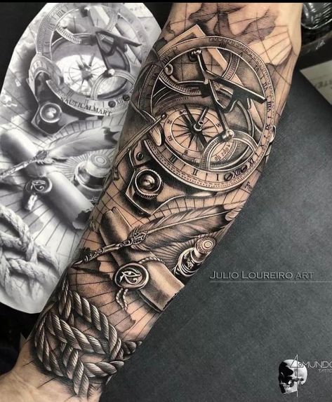 Pirate Tattoo Sleeve, Ship Tattoo Sleeves, Biomech Tattoo, Nautical Tattoo Sleeve, Wrist Tattoo Cover Up, Pirate Tattoo, Map Tattoos, Men Tattoos Arm Sleeve, Forarm Tattoos