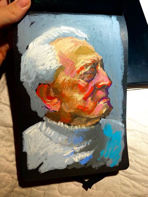 Oil Pastel Famous Art, Oil Pastel Reference Photos, Oil Pastel Monoprint, Oil Pastel People Art, Oil Pastel Figure Drawing, Oil Pastel People, Oil Pastel Artwork Ideas, Oil Pastel Face, Oil Pastel Sketchbook