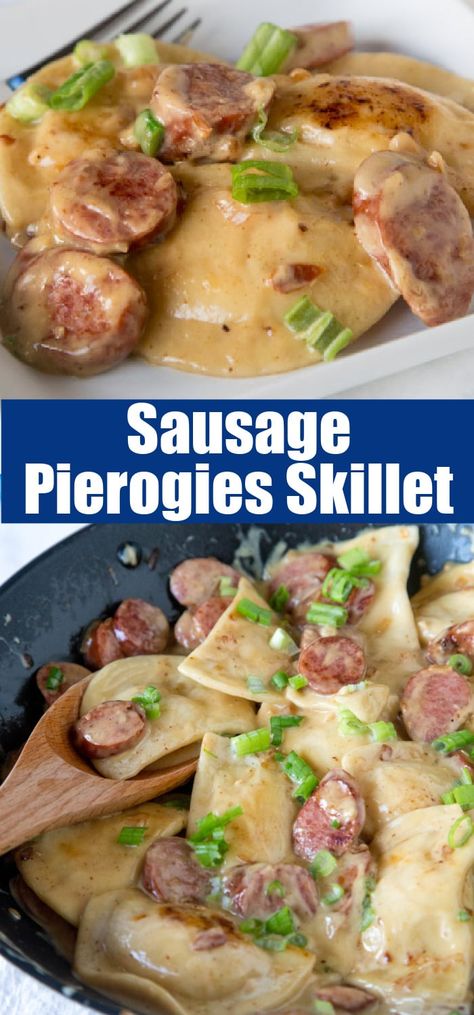 Pierogi And Italian Sausage, Kielbasa Perogie Recipes, Perogies Skillet, Polish Sausage And Pierogies, Polish Sausage And Perogies, Kielbasa And Pierogi Recipes, Recipes With Pierogies Dinners, Kielbasa Pierogies, Perogies Recipes