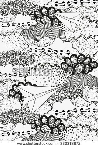 Paper airplanes flying in the sky. Art background with vector abstract artistically clouds. Pattern for coloring book. A4 size. Made by trace from sketch. Ink pen. Zentangle. Black and white pattern. - stock vector Zentangle Sky, Zentangle Pictures, Peacock Coloring Pages, Flying In The Sky, Zen Doodles, Drawing Patterns, Airplane Drawing, Pen Doodles, Sketch Ink