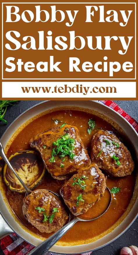 Super Delicious Bobby Flay Salisbury Steak Recipe With Gravy Bobby Flay Salisbury Steak Recipe, Bobby Flay's Salisbury Steak, Bobby Flay Salisbury Steak, Easy Salisbury Steak, Salisbury Steak Recipe, Bobby Flay Recipes, Rice Cake Recipes, Beef Dinners, Salisbury Steak Recipes