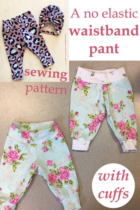 A No Elastic Waistband Pant With Cuffs pattern. The pattern is available in many sizes from preemie to 12 Years and comes in two different fits, snug and regular. #SewModernKids #KidsPantsSewingPattern #SewingKidsPants #SewingBabyPants #BabyPantPattern #GirlPantPattern #BoyPantPattern #ToddlerPantPattern Infant Pants Pattern Free, Baby Leggings Pattern Free, Kids Pants Pattern Free, Baby Pants Pattern Free, Baby Leggings Pattern, Romper Tutorial, Pants Pattern Free, Baby Sewing Patterns Free, Baby Pants Pattern