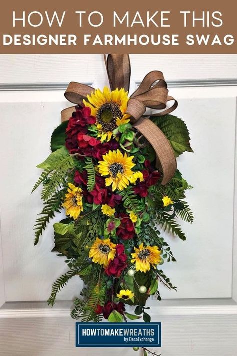 Sunflower Swag, Swag Wreaths, Farmhouse Swag, Diy Swag, Swag For Front Door, Door Swags, Front Door Swag, Easy Homemade Gifts, Fall Swags