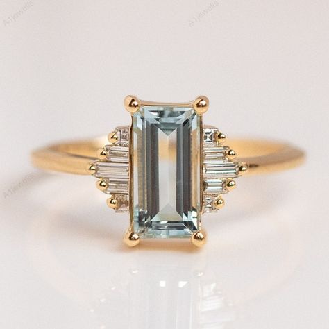 Antique Aquamarine Ring, Birthstone Promise Rings, Baguette Engagement Ring, Traditional Engagement Rings, Unique Anniversary Gifts, Aquamarine Engagement Ring, Ring Inspo, Big Rings, Baguette Cut Diamond