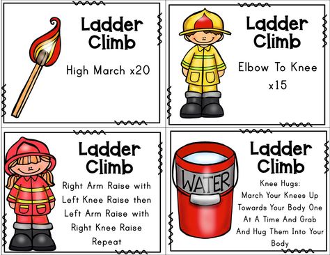 48 Brain Break Cards With A Firefighter Theme/Fire Safety Theme.  Fast, fun, and effective designed with physical activity in mind.  Feel confident that you have a fun way to move with a firefighter theme that your kids will love, and so will you!  With your purchase you will receive a downloadable PDF file.  Read more details below. Firefighter Dramatic Play, Fire Safety Theme, Fire Safety Activities, Fire Safety Preschool, Firefighter Crafts, October Lessons, Fire Safety Week, Preschool Prep, Gross Motor Activity