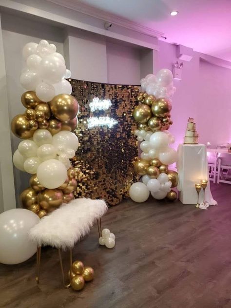 Balloons, Party Decor, background for any occasion. 3 tier cake. Gold Prom Theme Decorations, Birthday Ideas White And Gold, Cream White And Gold Birthday Decor, Red White Gold Decorations Party, Champagne Gold Decorations, Sweet 16 Party Ideas Gold And White, White And Gold Masquerade Party, Foil Balloon Garland, White And Gold Quince Decorations