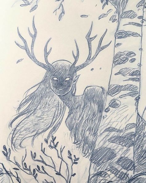 Drawing Creative Unique, Drawing Of A Drawing, Creepy Drawing Sketches, Forest Spirits Art, Cryptid Drawing Reference, Cryptids Drawings, Monster Ideas Drawing, Escapism Drawing, Cryptic Drawings