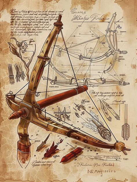 The image is a detailed illustration of a medieval crossbow. The crossbow is made of wood and metal, and it has a complex mechanism that allows it to be fired ->> more details in ai-img-gen.com Da Vinci Inventions, Medieval Crossbow, Detailed Illustration, Quiver, Crossbow, Animated Drawings, Unique Image, Intricate Design, Made Of Wood