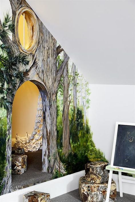 Forest Themed Bedroom Boys, Forest Murals On Wall, Hobbit Wall Mural, Tree Themed Bedroom, Diy Forest Mural Nursery, Diy Forest Mural Bedroom, Wall Painting Ideas Forest, Forest Playroom Ideas, Enchanted Forest Wall Mural