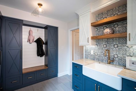 Zig Zag Wall, Laundry Renovation, Transitional Laundry Room, Laundry Room/mudroom, Mudroom Lockers, Landing Area, White Tile Backsplash, Blue Cabinets, Floating Vanity