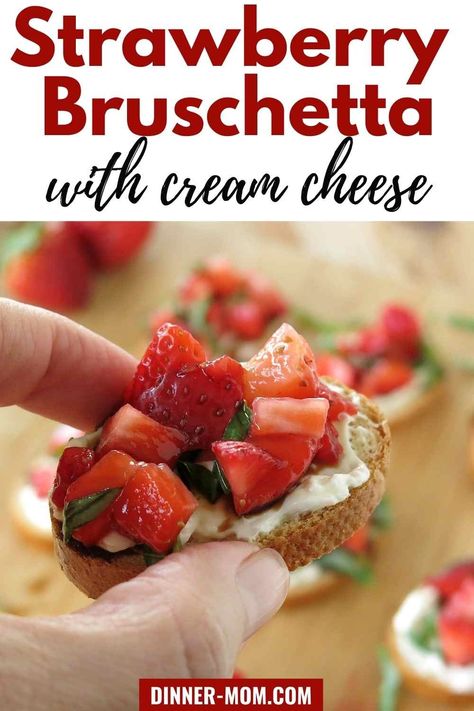 Strawberry bruschetta with cream cheese, basil and balsamic vinegar is the party appetizer everyone will talk about and it takes 15 minutes to make. It healthy and CAN BE low-carb, keto-friendly too. We show you how. Follow our make-ahead tips if you're making this for a celebration! #strawberrybruschetta #healthyappetizer Brushetta Recipe Cream Cheese, Strawberry Cream Cheese Appetizer, Basil Strawberry Cream Cheese Dip, Strawberry Basil Bruschetta, Strawberry Balsamic Vinegar Recipes, Cream Cheese Bruschetta, Strawberry Bruschetta Appetizers, Strawberry Bruchetta, Fruit Bruschetta Recipe