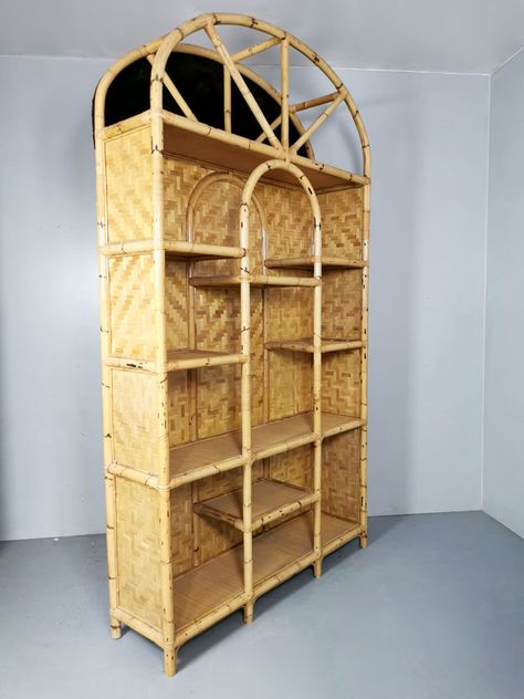 Think big…. with this very unique and rare bamboo etagere. Definitely an eye-catcher in the interior. The cabinet can also be used as a room divider (the cloth at the top can be removed). Period: 1980s. This special item has 6 floors with shelves. Ideal for displaying your collection of plants and decorations. Considering its age still in good vintage condition. This bamboo serving stand can be used multifunctionally in your interior. Absolutely great in an eclectic, modern or vintage interior. 1980s Furniture, Bamboo Etagere, Coral Bathroom Decor, Coral Bathroom, Wall Cupboard, Antique Bookcase, Bookcases For Sale, Bamboo Bar, Serving Stand